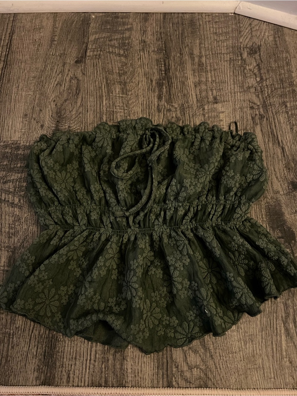Smocked Floral Strapless Peplum Top - Olive Green